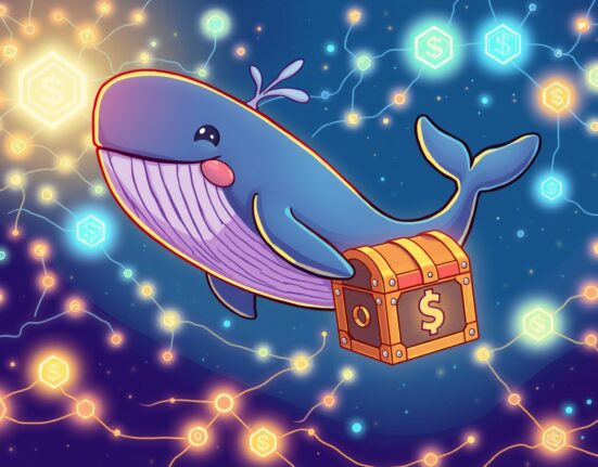 A cartoon whale executing a massive USDT transfer through a vibrant blockchain network.