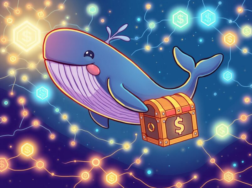A cartoon whale executing a massive USDT transfer through a vibrant blockchain network.