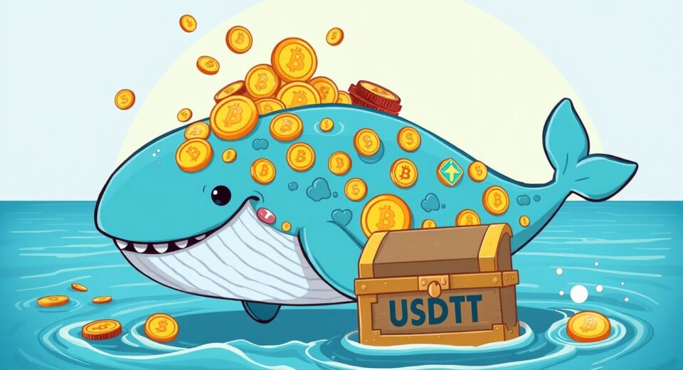 A cartoon cryptocurrency whale making a massive USDT transfer in a digital ocean.
