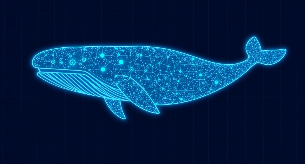 A digital whale representing a large cryptocurrency transaction moving USDT stablecoins through the blockchain network.