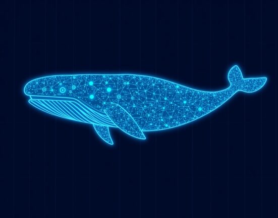 A digital whale representing a large cryptocurrency transaction moving USDT stablecoins through the blockchain network.