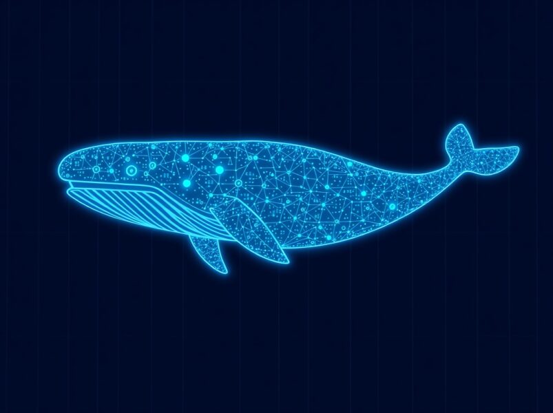 A digital whale representing a large cryptocurrency transaction moving USDT stablecoins through the blockchain network.