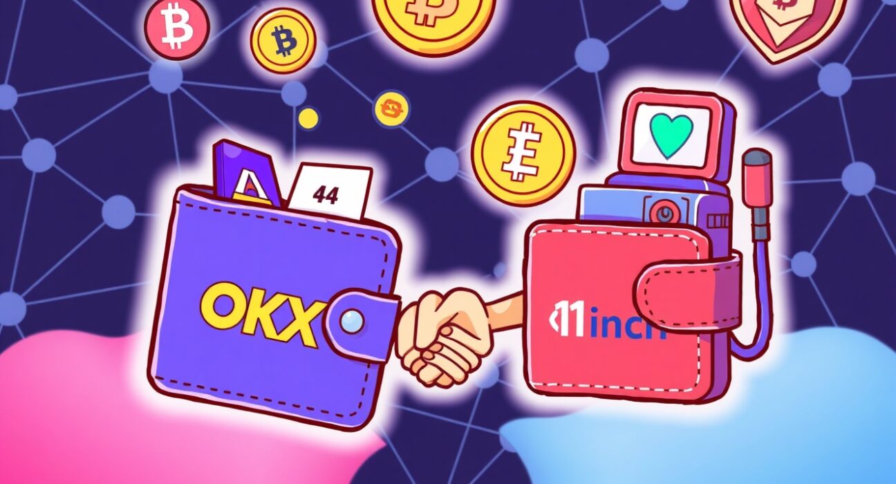 Cartoon illustration showing the synergy of OKX Wallet 1inch partnership, highlighting gas-free swaps and enhanced DeFi security.