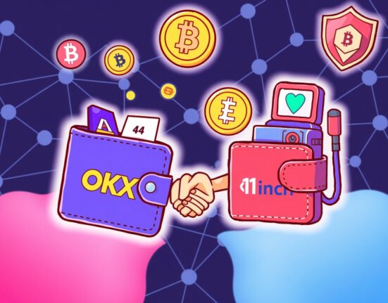 Cartoon illustration showing the synergy of OKX Wallet 1inch partnership, highlighting gas-free swaps and enhanced DeFi security.