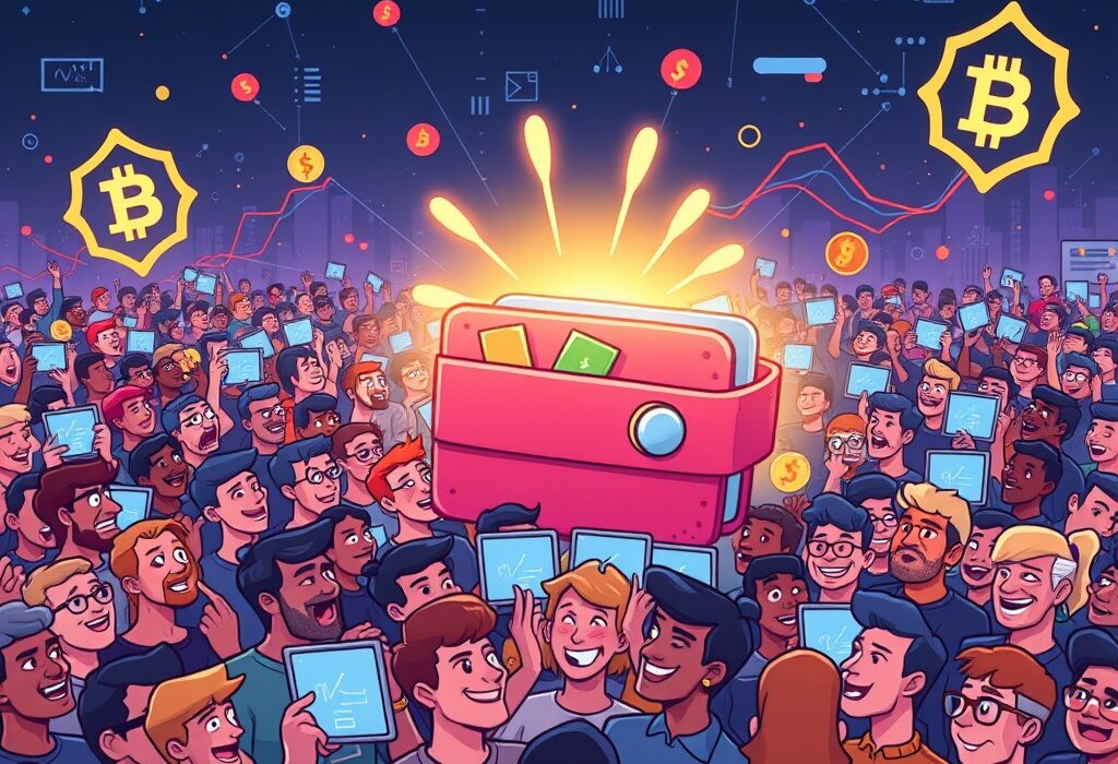 A vibrant cartoon showing millions of users celebrating the success of the OKX Wallet campaign.