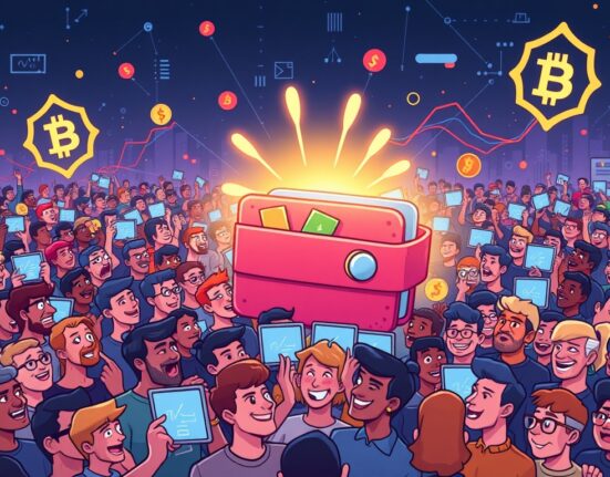 A vibrant cartoon showing millions of users celebrating the success of the OKX Wallet campaign.