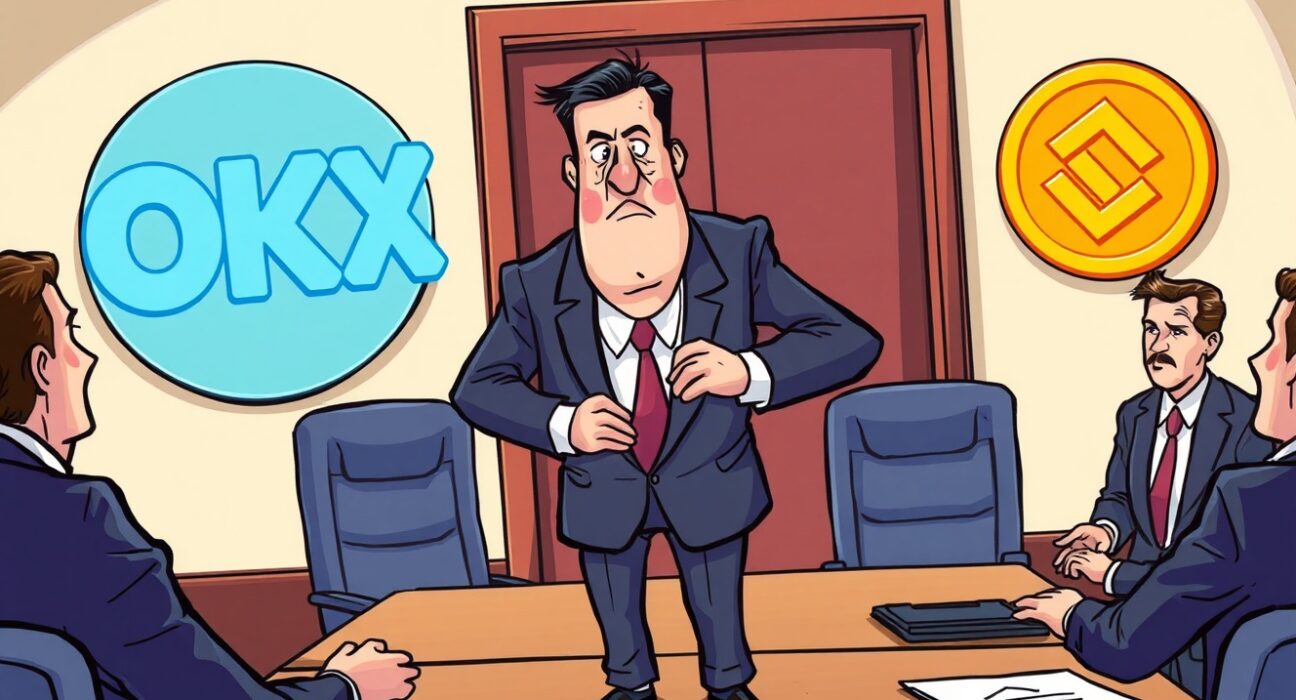 Cartoon showing the dramatic dismissal of an OKX X Layer head, symbolizing a major conflict in the crypto industry.