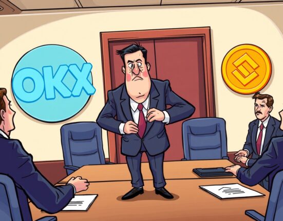 Cartoon showing the dramatic dismissal of an OKX X Layer head, symbolizing a major conflict in the crypto industry.