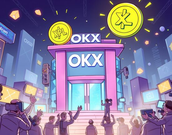 A cartoon illustration of the OKX XPL listing, symbolizing a new opportunity for crypto investors and gamers in the Web3 space.