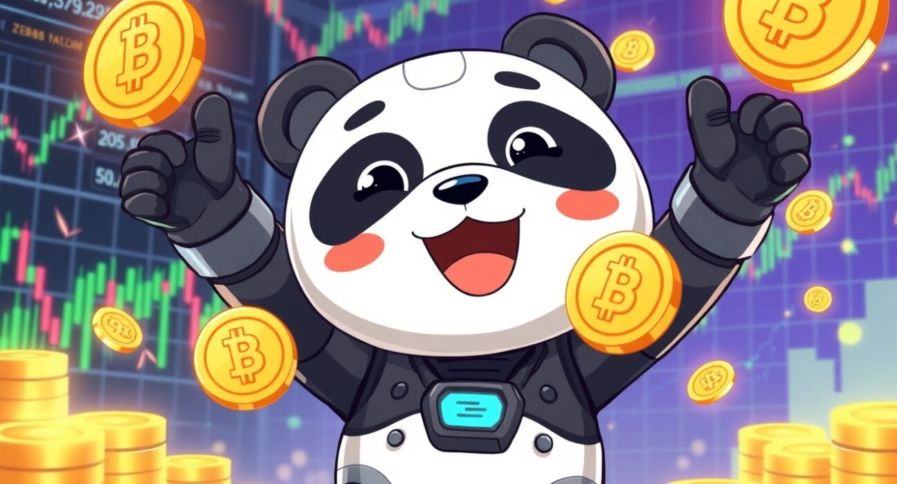 OKX ZEN spot trading celebration with digital coins and trading charts in vibrant cartoon style