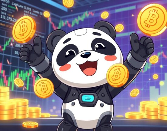 OKX ZEN spot trading celebration with digital coins and trading charts in vibrant cartoon style