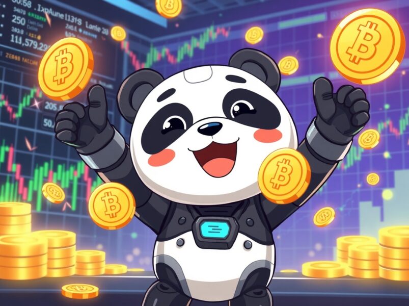 OKX ZEN spot trading celebration with digital coins and trading charts in vibrant cartoon style