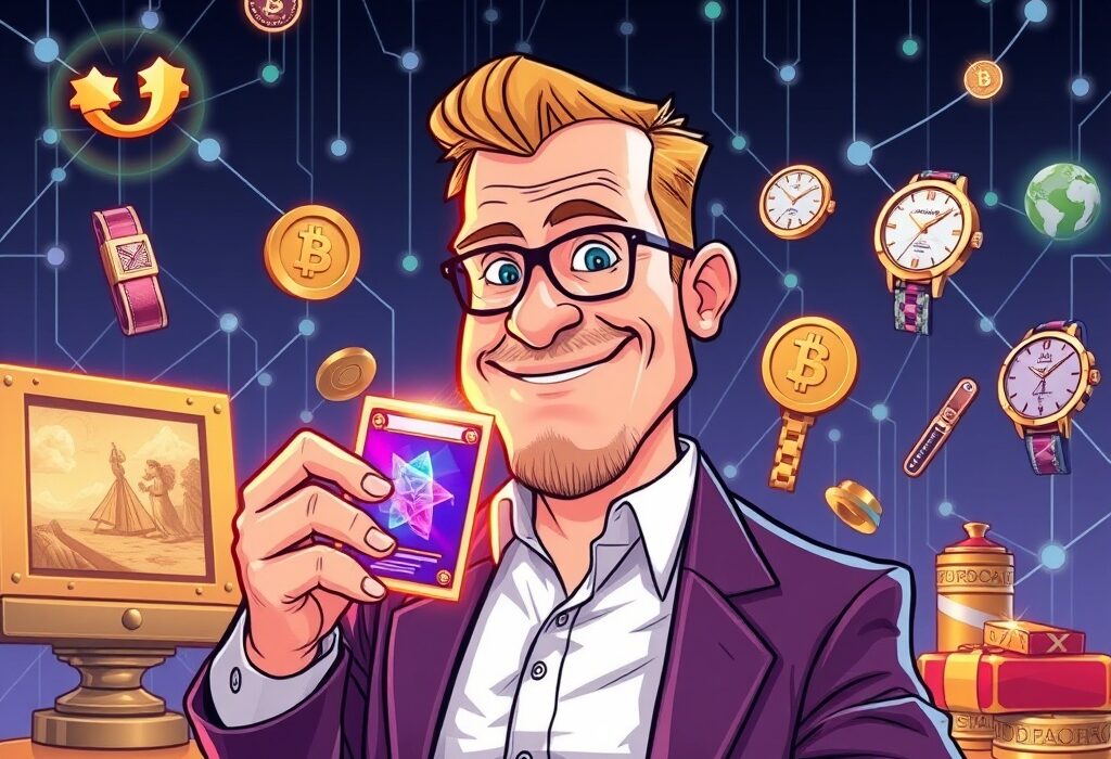A cartoon illustration showing Kevin O'Leary with a valuable sports card, symbolizing the investment in tokenized collectibles and the future of asset ownership.
