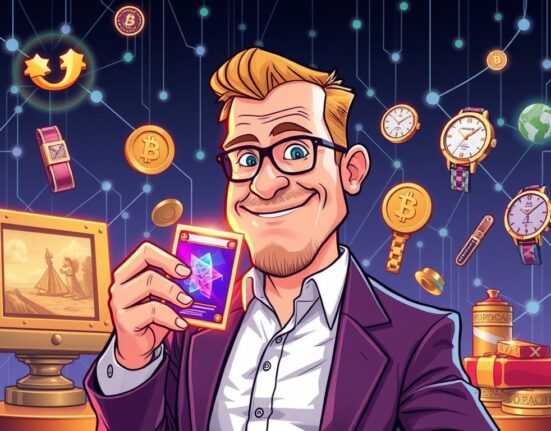 A cartoon illustration showing Kevin O'Leary with a valuable sports card, symbolizing the investment in tokenized collectibles and the future of asset ownership.