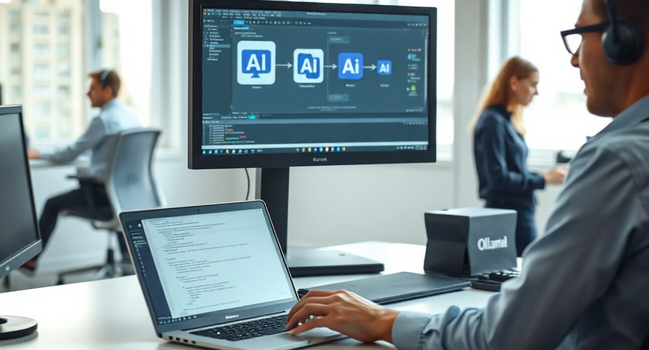 Software developer using Ollama AI tool on laptop in modern office