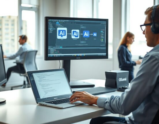 Software developer using Ollama AI tool on laptop in modern office