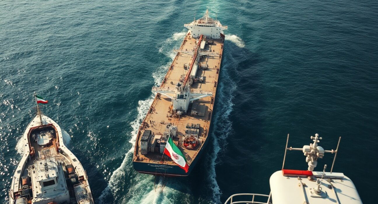 Oil tanker navigates the Strait of Hormuz with naval patrol boats nearby.