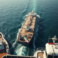 Oil tanker navigates the Strait of Hormuz with naval patrol boats nearby.