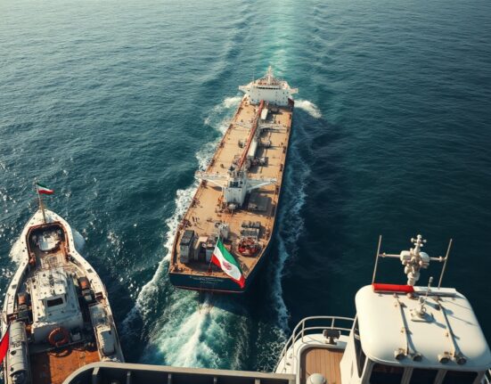 Oil tanker navigates the Strait of Hormuz with naval patrol boats nearby.