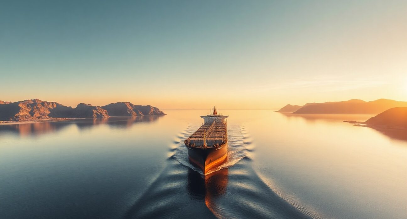 Oil tanker navigating the Strait of Hormuz with Oman and Iran coastlines visible at dawn