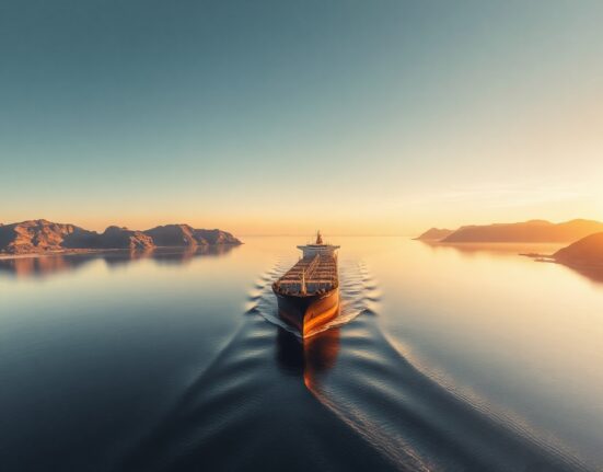 Oil tanker navigating the Strait of Hormuz with Oman and Iran coastlines visible at dawn
