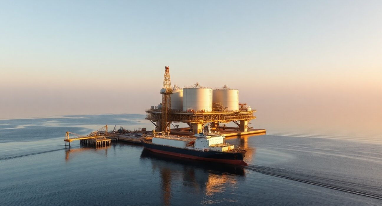 Aerial view of Mina al Fahal oil terminal in Oman with a tanker docked, under morning light.
