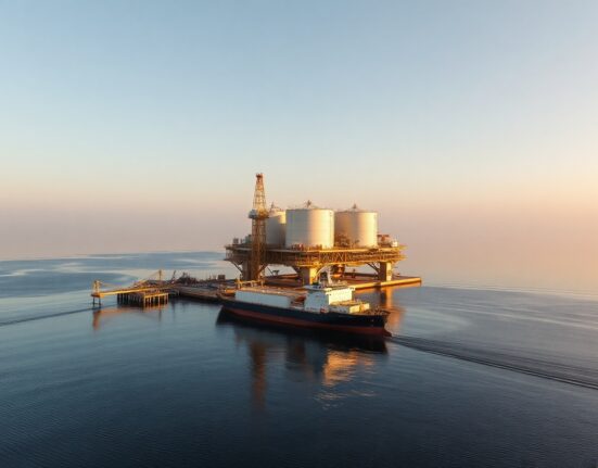 Aerial view of Mina al Fahal oil terminal in Oman with a tanker docked, under morning light.