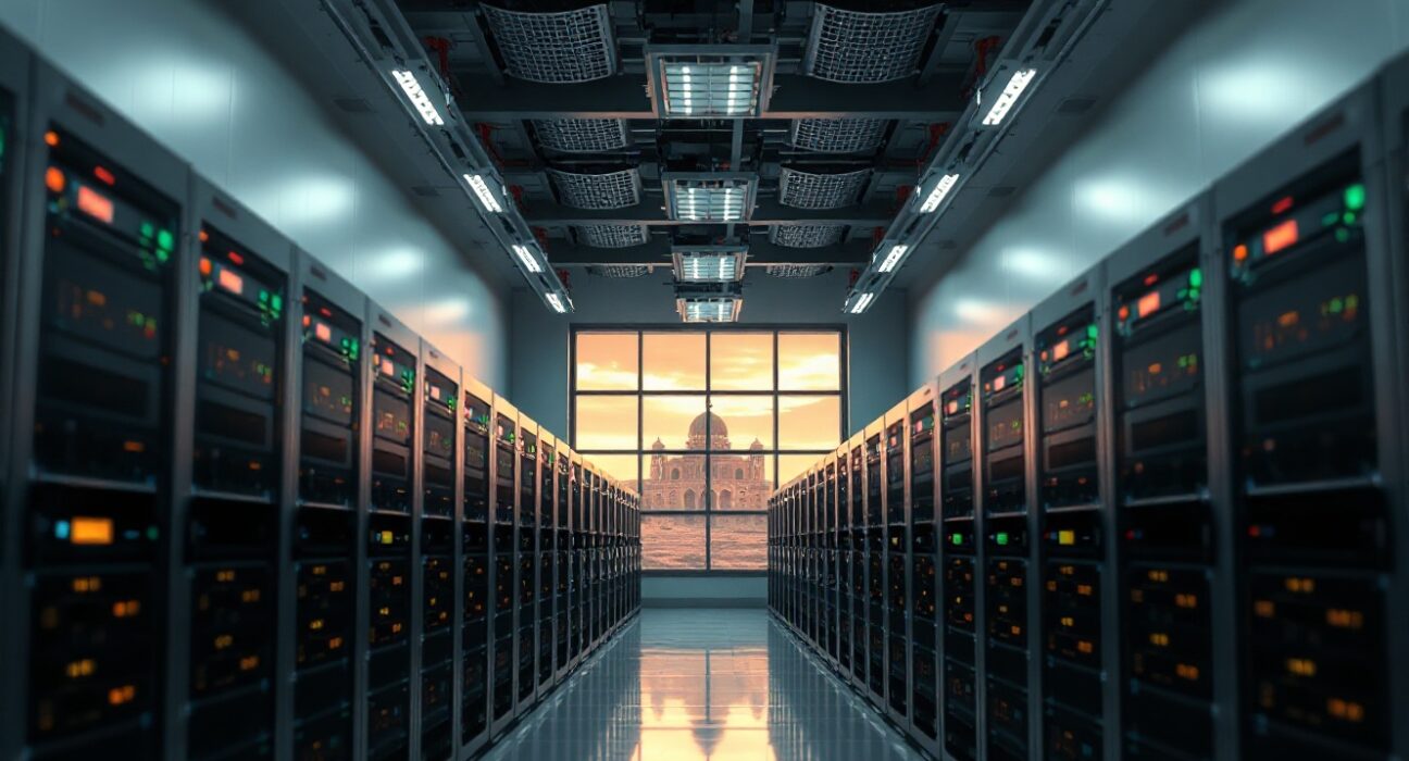 Interior of a large Bitcoin mining data center in Oman with rows of ASIC servers glowing blue and orange.