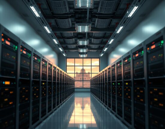 Interior of a large Bitcoin mining data center in Oman with rows of ASIC servers glowing blue and orange.