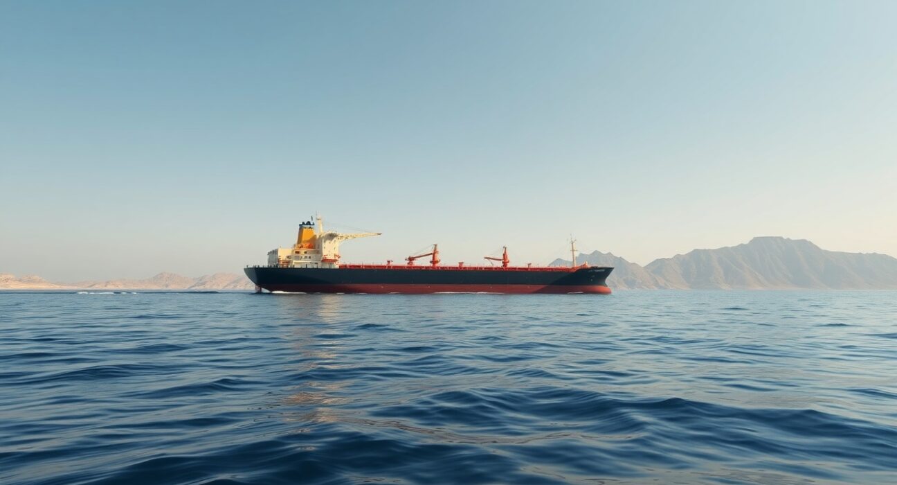 Oil tanker sailing through the Strait of Hormuz near Oman's coastline under a clear blue sky