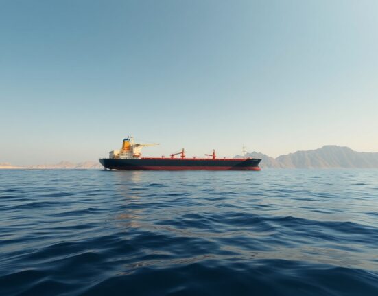 Oil tanker sailing through the Strait of Hormuz near Oman's coastline under a clear blue sky