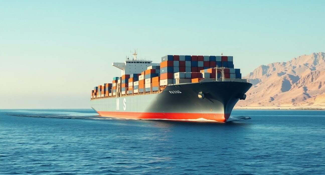 Container ship passing through the strategic Strait of Hormuz waterway near Oman's coast