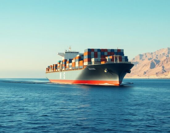 Container ship passing through the strategic Strait of Hormuz waterway near Oman's coast