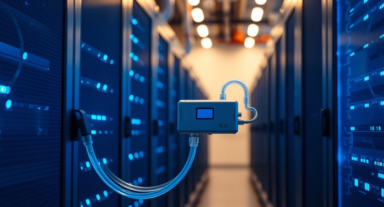 A spectrometer device monitoring coolant fluid in a data center server rack with blue LED lighting.