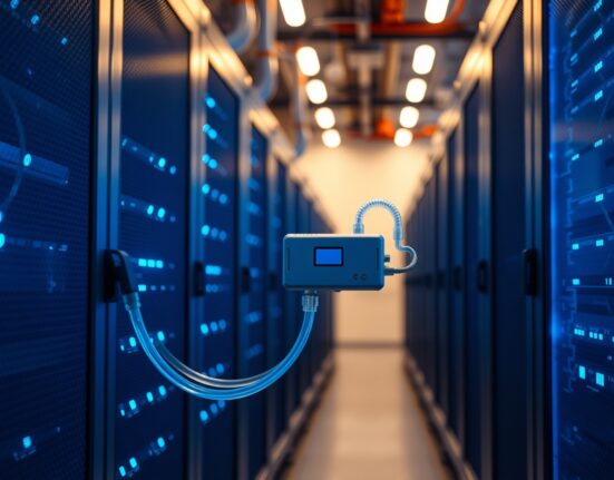 A spectrometer device monitoring coolant fluid in a data center server rack with blue LED lighting.