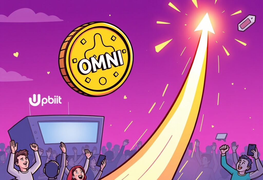 A vibrant cartoon shows the OMNI coin rapidly rising, symbolizing its recent OMNI price surge after a major exchange listing.
