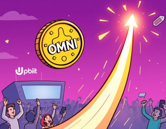 A vibrant cartoon shows the OMNI coin rapidly rising, symbolizing its recent OMNI price surge after a major exchange listing.