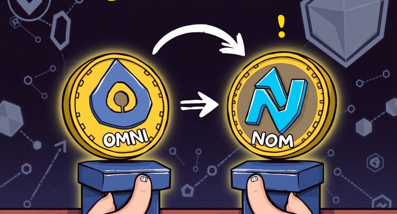 A cartoon illustration showing the digital transformation of an OMNI coin into a NOM coin, symbolizing the OMNI to NOM token swap on an exchange platform.