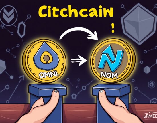 A cartoon illustration showing the digital transformation of an OMNI coin into a NOM coin, symbolizing the OMNI to NOM token swap on an exchange platform.