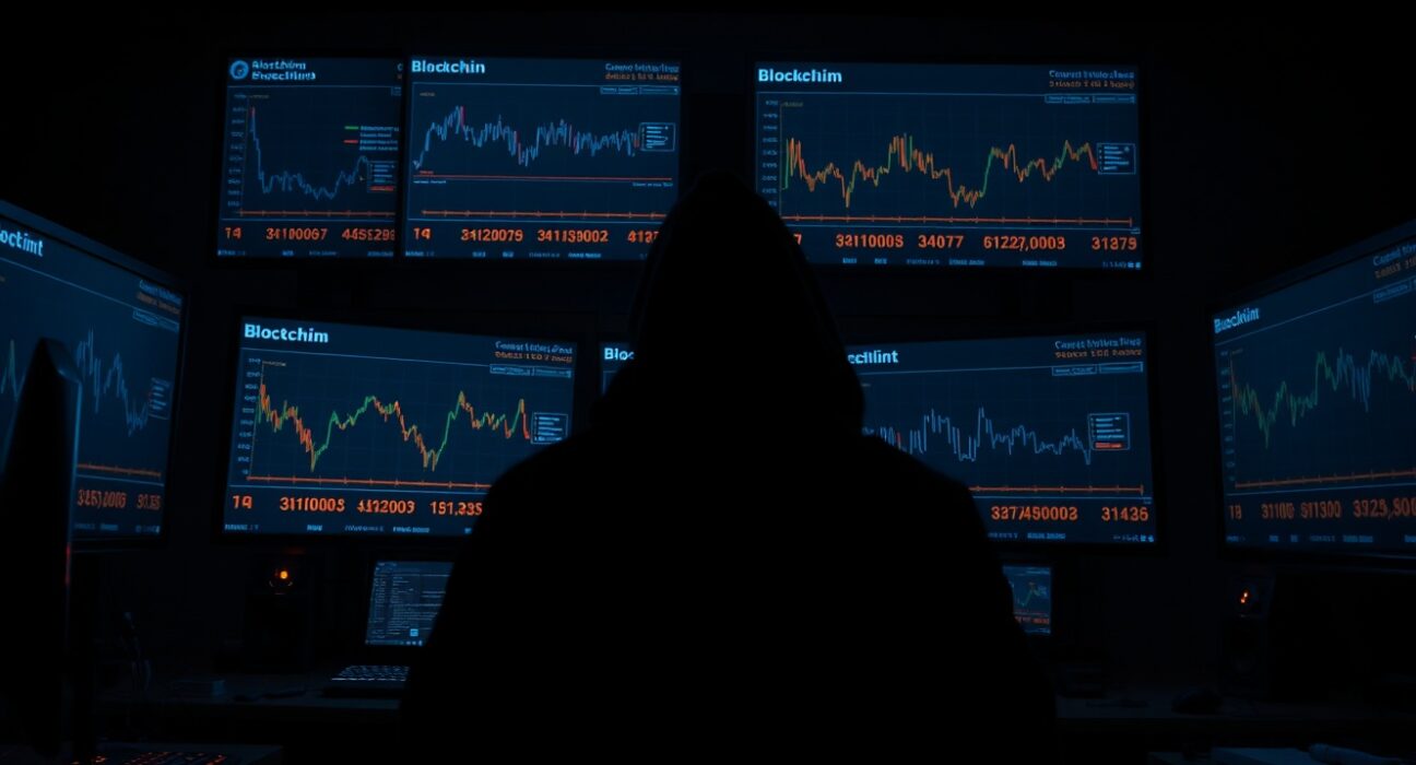 On-chain analyst tracing cryptocurrency wallet connections on multiple monitors in a dimly lit command center.