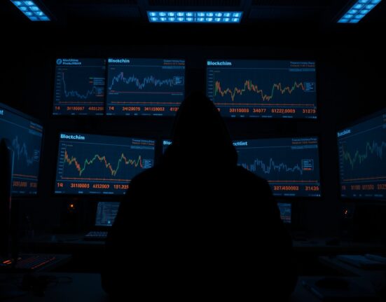 On-chain analyst tracing cryptocurrency wallet connections on multiple monitors in a dimly lit command center.