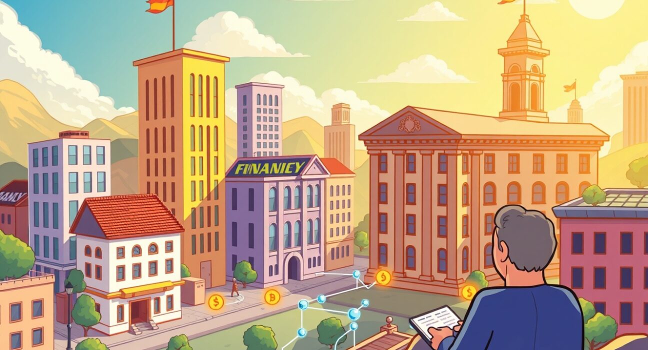 Cartoon illustration showing a regulator overseeing the seamless flow of **on-chain capital formation** within a digital financial ecosystem.