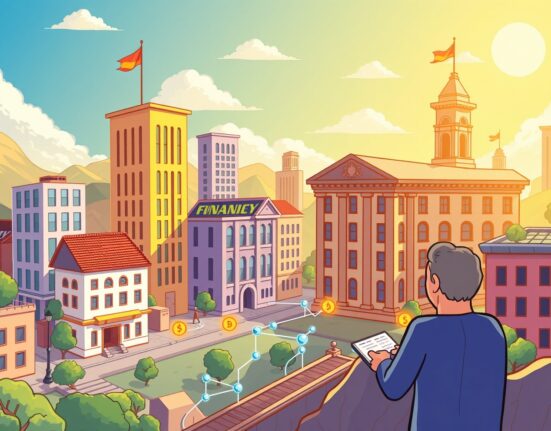 Cartoon illustration showing a regulator overseeing the seamless flow of **on-chain capital formation** within a digital financial ecosystem.