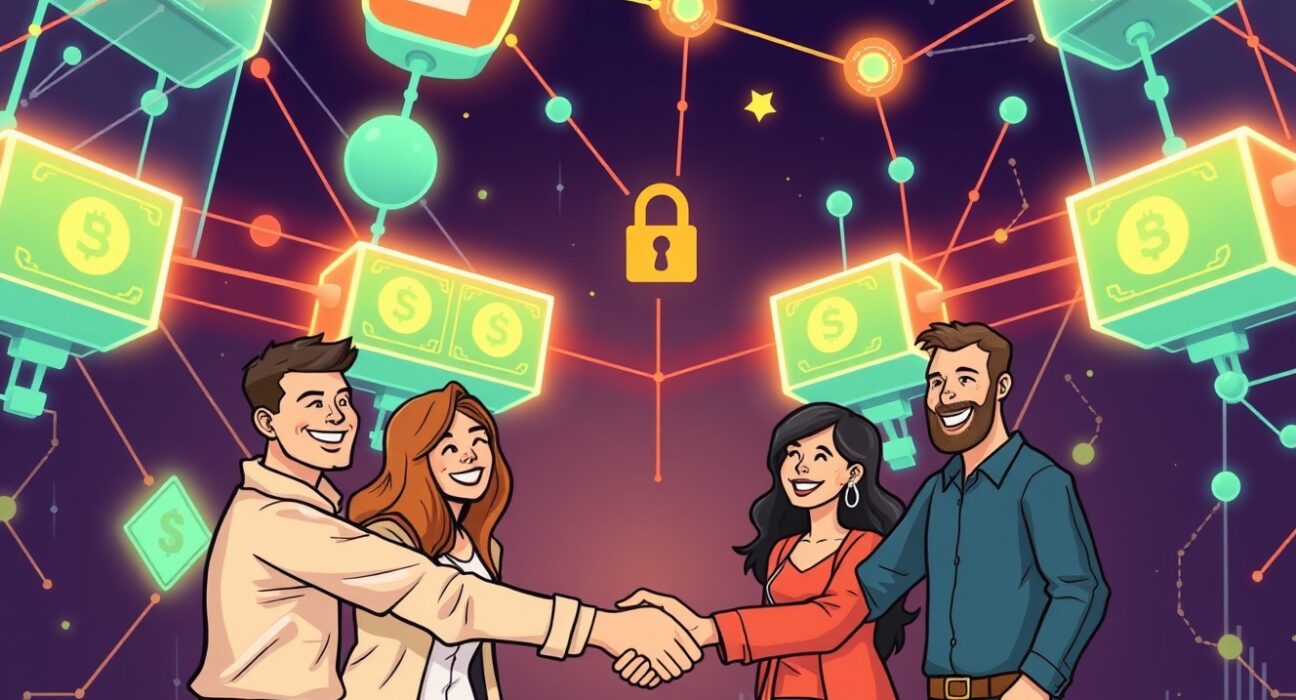 A vibrant cartoon illustration showing a successful funding round for an on-chain credit startup, highlighting innovation and growth in DeFi.