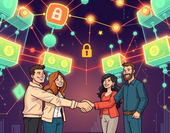A vibrant cartoon illustration showing a successful funding round for an on-chain credit startup, highlighting innovation and growth in DeFi.