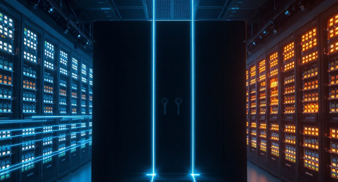 AI scanning a digital vault in a server room, representing increased on-chain crypto attacks
