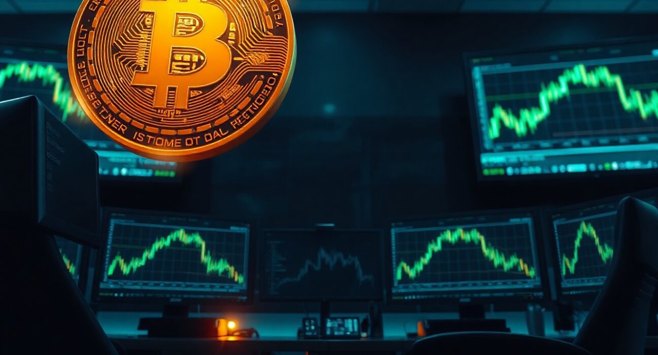 Bitcoin coin glowing above a trading desk with on-chain data on monitors