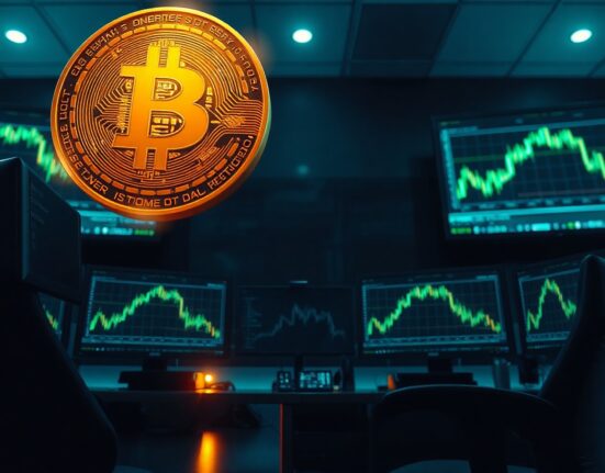 Bitcoin coin glowing above a trading desk with on-chain data on monitors
