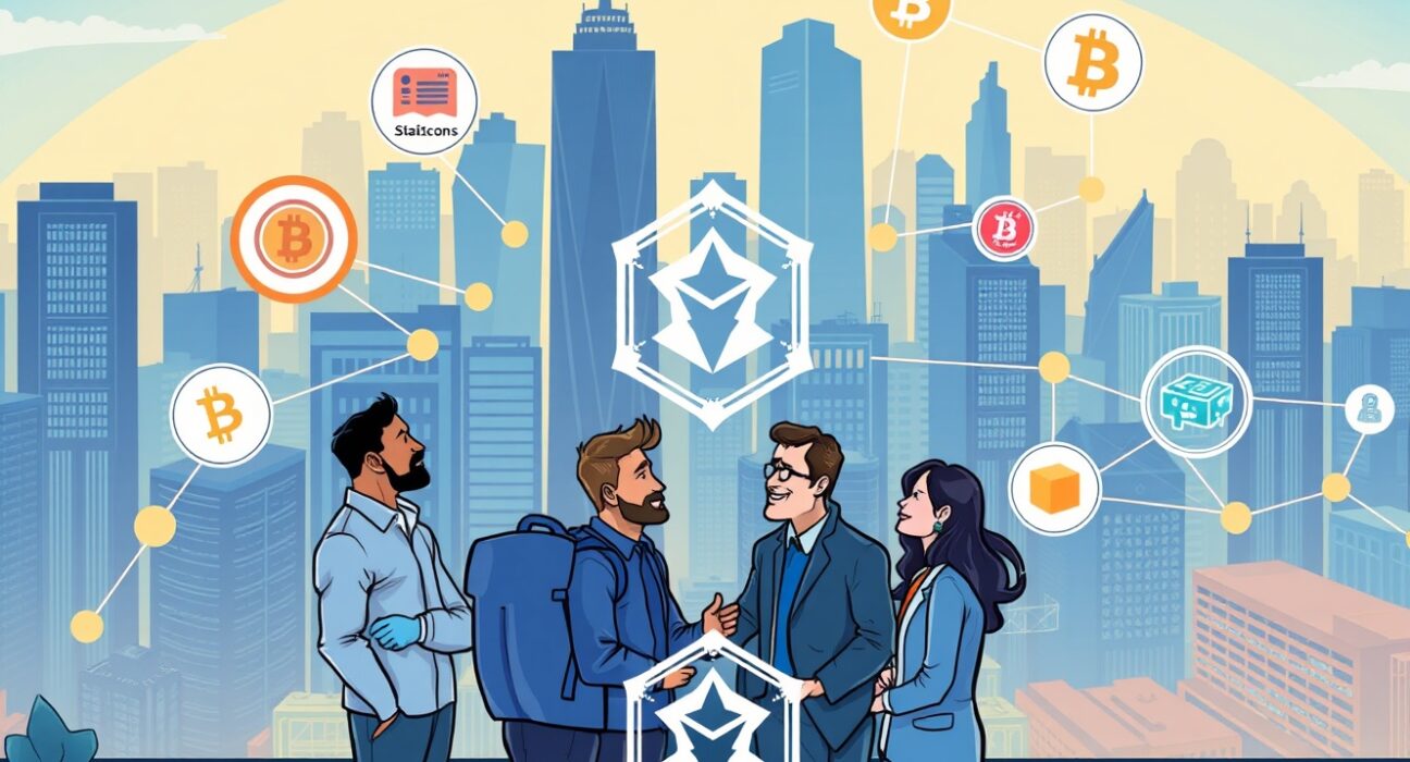 Entrepreneurs collaborating to build innovative on-chain financial services with support from major tech and crypto players.