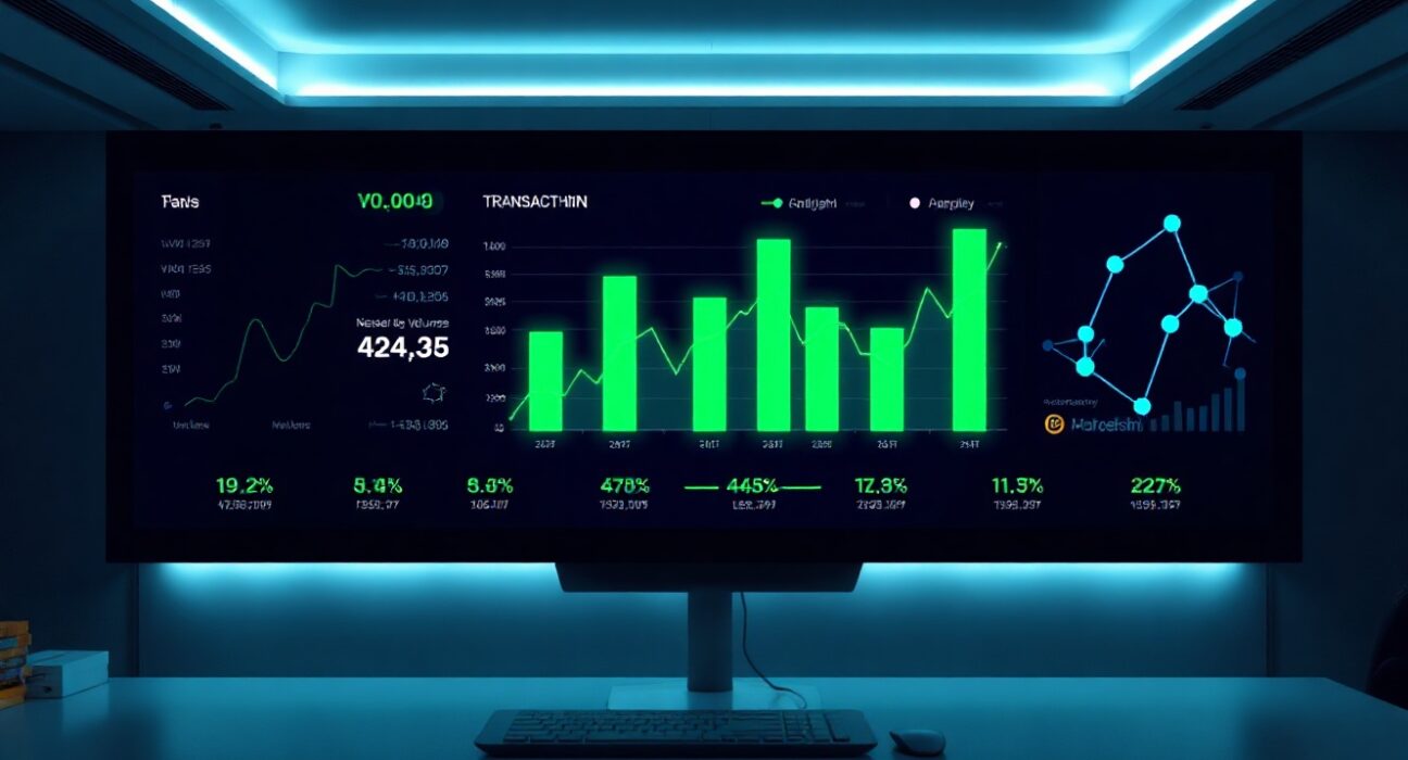 Digital dashboard showing on-chain gambling transaction volume charts and cryptocurrency data